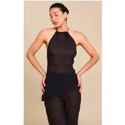 Black Textured Sheer Woven Backless Asymmetric Long Top, Black