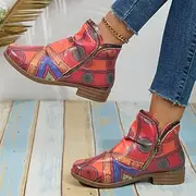 Women's Colorful Vintage Ankle Boots with Side Zipper and Artistic Pattern - Unique Boho Style Footwear