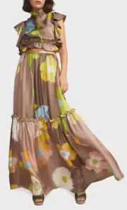 Cynthia Rowley Maxi Skirt, Brown Floral Silk, Size 12, XL, WAS $400 *NEW!*