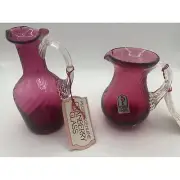Two Pilgrim Cranberry glass miniature pitchers NOS w/tags Handmade in USA