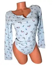 Victorias Secret PINK Long Sleeve Pull On Body Suit Light Blue Floral Medium