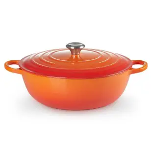 【Le Creuset】典藏琺瑯鑄鐵媽咪鍋32cm+琺瑯醬汁鍋14cm(櫻桃紅/火焰橘)