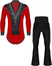 [Riismen] Men's Glittery Jazz Latin Dance Leotard Long Sleeve Satin Bodysuit with Tassel Flared Pants Set