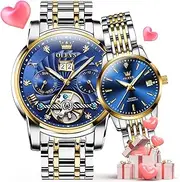 [OLEVS] Couple Pair Watches Set Automatic Mechanical Self Winding Dress Matching Watch for His and Hers Valentines Day Gifts