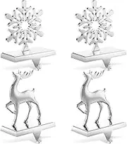 Jetec 4 Set Christmas Stocking Holders for Mantle Stocking Holder With Hook Fireplace Weighted Stocking Hangers for Mantel Metal Xmas Stocking Stand for Christmas Decoration(Silver Snowflake,Reindeer)