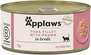 [Applaws] 100% Natural Wet Cat Food Tuna Fillet with Prawns in Broth, Limited Ingredients Pet Food 70g Tin (Pack of 24)