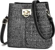 [Minefoir] Women's Multi Pocket Canvas and Leather Shoulder Bag with Compartments Medium Tote Bags with Zipper Crossbody Bag-Black