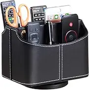 Remote Control Holder 360 Degrees Rotatable Desk Stationery Supply Organizer PU Leather Desktop Storage Box for Controllers Media Bedside Spinning TV Caddy E-Reader iPad Mobile Pencil Cosmetic(Black)