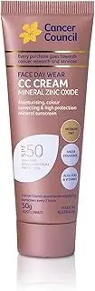 Cancer Council Suncreen Face Day Wear CC Cream Mineral Zinc Oxide Medium, SPF50, 50g