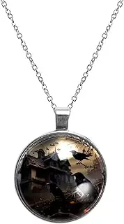 [Diusye] Necklaces for Women, Halloween Crow House Tree Pumpkin Print Stainless Steel Pendant Necklace Jewelry Birthday Anniversary Wife Girls Friends Gift