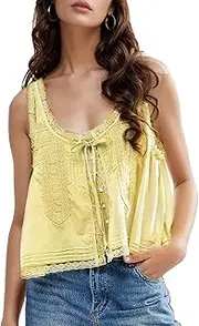 [Wyeysyt] Women Lace Trim Tank Tops Summer Flowers Boho Semi Sheer Tie Button Front Tops Sleeveless Mesh Going Out Cami Shirt