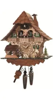 Quartz Cuckoo Clock Black Forest house with moving wood chopper.. EN 496 QMT NEW