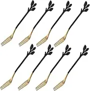 BEBEMOKO 8Pcs Black Gold Leaf Forks Reusable Stainless Steel Dessert Appetizer Forks for Fruits Cakes Snacks and Salad for Home Parties and Cafes