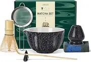 Renmxj Matcha Whisk Set,7 PCS Ceramic Matcha Kit Includes Matcha Bowl with Spout, Matcha Whisk and Holder, Bamboo Scoop, Stainless Sifter, Tea Towel, Unique Gift for Matcha Lovers (Charcoal gray)