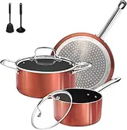 M MELENTA Pots and Pans Set Non Stick, 7 Piece Ceramic Cookware Set, Non Toxic Kitchen Induction Cookware Sets, Pots and Pans Cooking Set with Oven Safe Handle, 100% PFOA Free, Copper
