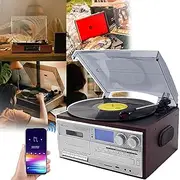 [QIeAuy] Record Player 10 in 1, 3 Speed Bluetooth Vintage Turntable, Mahogany, Brown, Plays 7/10/12-inch LP Vinyl Records + Film Record, Frosted Dust Cover