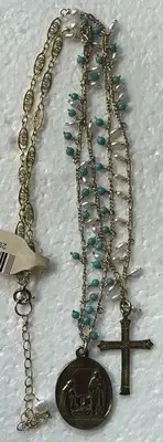 Andrea Barnett Necklace 2 Bronze Medals On Chain W/turq & Pearls Vintage ￼