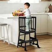 COSYLAND Toddler Kitchen Step Stool Tower - Nursery Step Stool for Kids Mothers' Helper - Solid Bamboo Learning Stool Standing Tower for Kitchen Counter (Black)