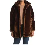 NINE WEST Women's Tobacco Plush Faux Fur Zip Hem Reversible Long Coat Size L NWT