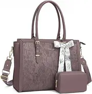 [MOSISO] Laptop Bag for Women, PU Leather Tote Bag, Front Embossed Retro Hibiscus Computer Bag with Silk Scarf&Clutch Purse