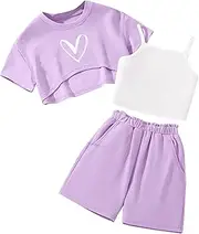 [Hilinker] Girls 3 Piece Summer Outfits Graphic Crop Tee and Cami Top with Shorts Set