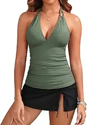 [Yonique] 2 Piece Swimsuits for Women Halter Tankini Top with Skirt Bottom V Neck Bathing Suit
