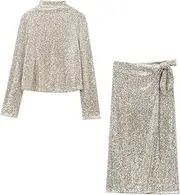 [Zadaos] Women Skirt 2-Piece Set Sequined Turtleneck Slim Top+ Bow Decorated Wrap Mid-Calf Skirt