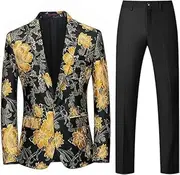 [Maiyifu-GJ] Men's 2 Piece Slim Fit Printed Tuxedo Suit Set One Button Suit Jacket Pants Sets Casual Business Wedding Suits