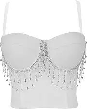 [HAMKVBPR] Womens Sexy Top Women Camisole Top Crystal Tassels Cropped Top Push Up Bustier Bra Party Vest Top Shirts