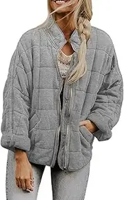 [EdNey] Women's Stand Collar Quilted Zip Puffer Winter Jackets Baggy Short Padded Packable Warm Outwear with Pockets, Gray, Small