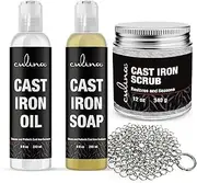 Culina Cast Iron Soap & Conditioning Oil & Stainless Scrubber & Restoring Scrub | All Natural Ingredients | Best for Cleaning, Non-stick Cooking & Restoring | for Cast Iron Cookware, Skillets, Pans