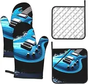 4 pcs Oven Mitts and Pot Holders Set 500°F Heat Resistant Oven Gloves and Hot Pads Kitchen Mittens Blue Guitar Cooking Gloves Potholders for Baking Grilling