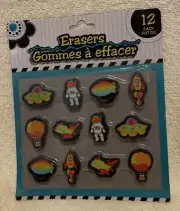 12 Pc Space Theme Erasers - Astronauts, Space Ships, Blimps, Rockets Jet - NIP