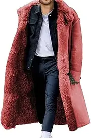 [Zylphorix] Men Mid Long Padded Faux Fur Coat Open Front Classic Faux Mink Lined Long Jacket Winter Warm Cozy Furry Overcoat