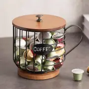 Coffee Pod Holder Black Wire Coffee Storage Basket with Lid and Wooden Base