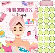 Ireer 38 Pieces Pin The Cucumbers on The Girl Spa Party Game - Poster, Stickers, Blindfolds for Kids, Women Birthday Party Supplies Decorations