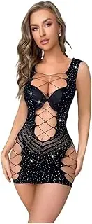 [Generic] Womens Rhinestone Fishnet Lingerie Lace Mini Dress Cut Out Sheer Negligee Chemise Sleepwear