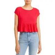 Aqua Womens Red Ribbed Flounce Cropped Blouse Shirt S BHFO 2648