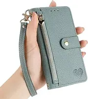 [BEENTRYS] Leather Wallet Case for Oppo A96 5G / F21 Pro 5G / Reno8 Z Cover,Heart Pattern Card Holder Slots Kickstand RFID Blocking Zipper Pocket Magnetic Closure PU Flip Folio Phone Case-Green