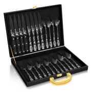 24 Pcs Black Silverware Set with Gift Box, Stainless Steel Mirror Cutlery Fla...