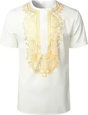 [Generic] Men's Short Sleeve Shirt Metallic Gold Printed Printed short sleeved retro trendy brand, loose and versatile