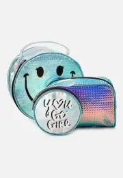 NWT JUSTICE holo smile travel pouch 3 pack Makeup Tote Case Bag Travel Art Case