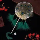 Chic Peacock Feather Round Fan Unique Antiquity Wedding Bride Hand Fan Decor
