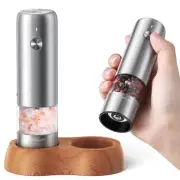 Mini Electric Salt and Pepper Grinder Set with Wood Base, USB Rechargeable, S...