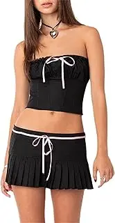 [Thopavenoir] Y2k Bow Tie 2 Piece Outfits for Women Backless Sleeveless Tank Top and Bodycon Pleated Mini Skirt Sets Streetwear
