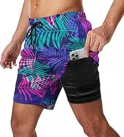 [Feorafei] Men's Quick-Dry Swimming Trunks 7 Inch with Compression Liner 2 in 1 Beach Swim Board Shorts with Pockets