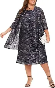 [Go Mai] Women's Plus Size 2 Piece Mother of The Bride Dress Jacket Set Tea Length Sequin Lace Dress Formal Evening Gowns