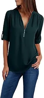 [Suhorseful] Womens Half Zip Up Shirts Chiffon Casual Long Sleeve Solid Color Blouses Office Work Golf Polo Tshirt, Dark Green, Medium