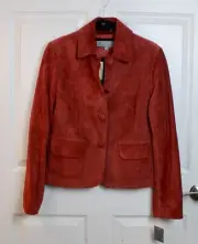 NWT Ann Taylor Dark Red-Orange 100% Leather Suede Button Front Jacket Collar SM