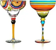 JanYoo Hand-Painted Margarita Glasses, Colorful Mexican-Style Design, Set of 2